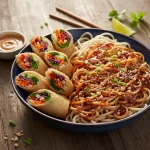 Makaron z sajgonkami wegetariańskimi, sos słodki lub sos ostry