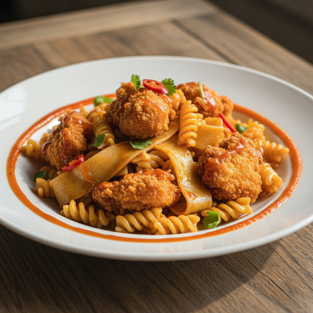 Makaron z kurczakiem chrupiącym, sos słodki lub sos ostry