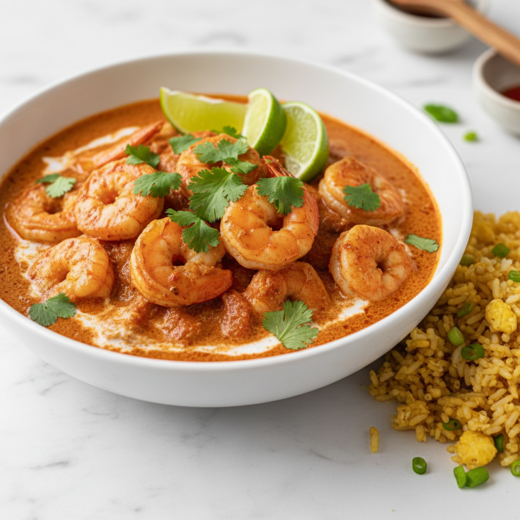 Krewetki w czerwonym sosie curry, ryż smażony