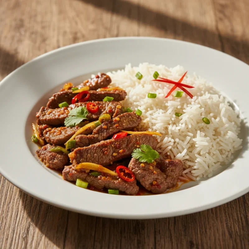 Wołowina pikantna, ryż biały