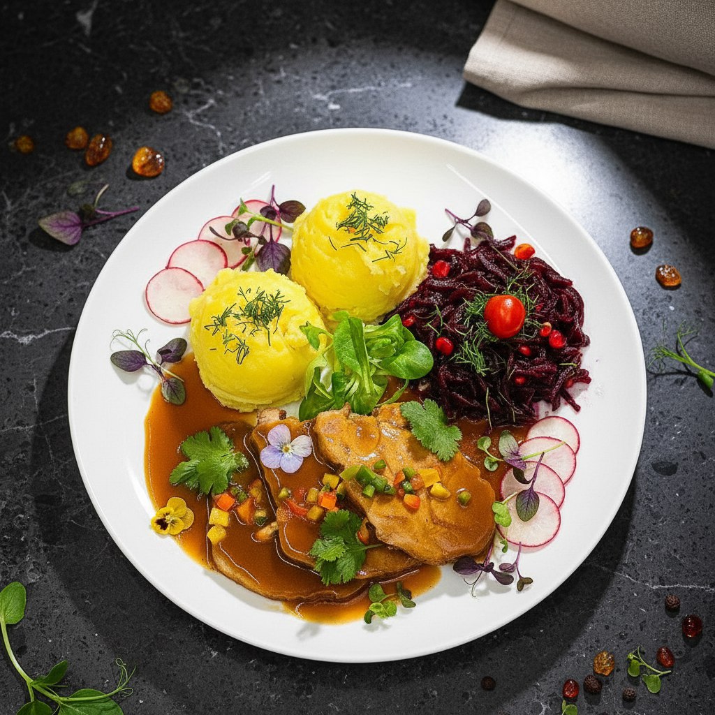 Karczek , sos pieczeniowy, puree ziemniaczane,surówka z buraków