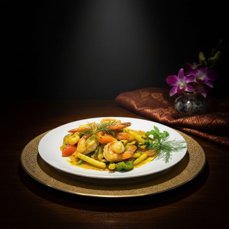 Krewetki w czerwonym sosie curry. Ryż smażony